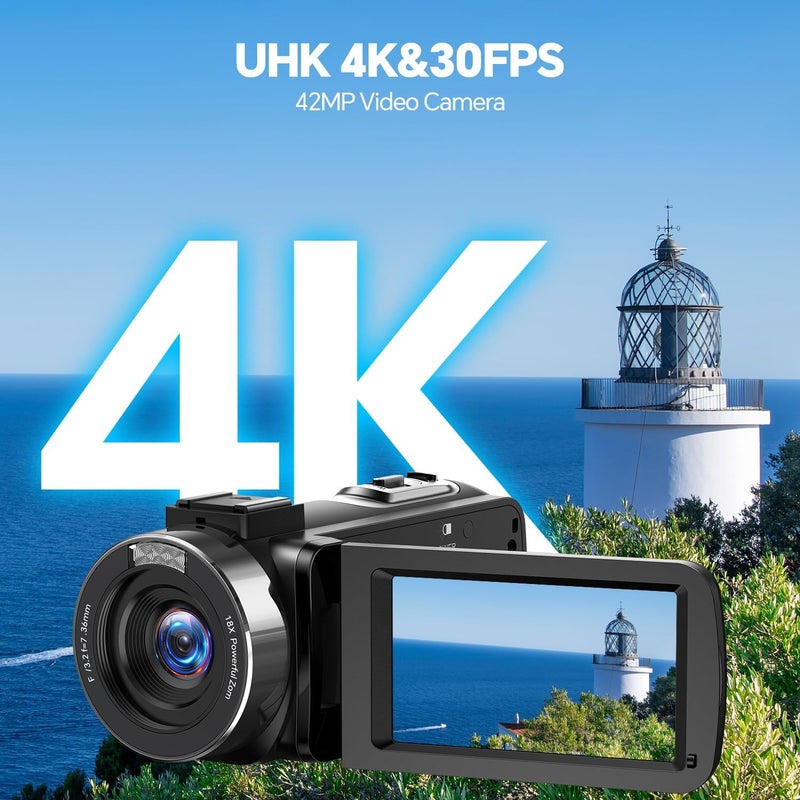 FIREFOTO Camcorder Video Camera, Digital Camera 42MP 4K Camera for Vlogging with 18X Digital Zoom 3” 270° Rotation Screen Cam Corder for YouTube with 2 Batteries, 32GB SD Card, Remote Control - Image 2